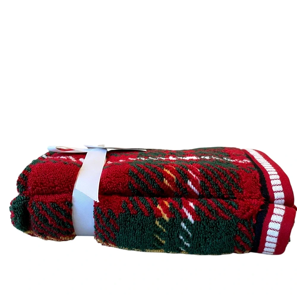 2 Caro Home Holiday Plaid Cotton Hand Towels Christmas Red Green Tartan NEW